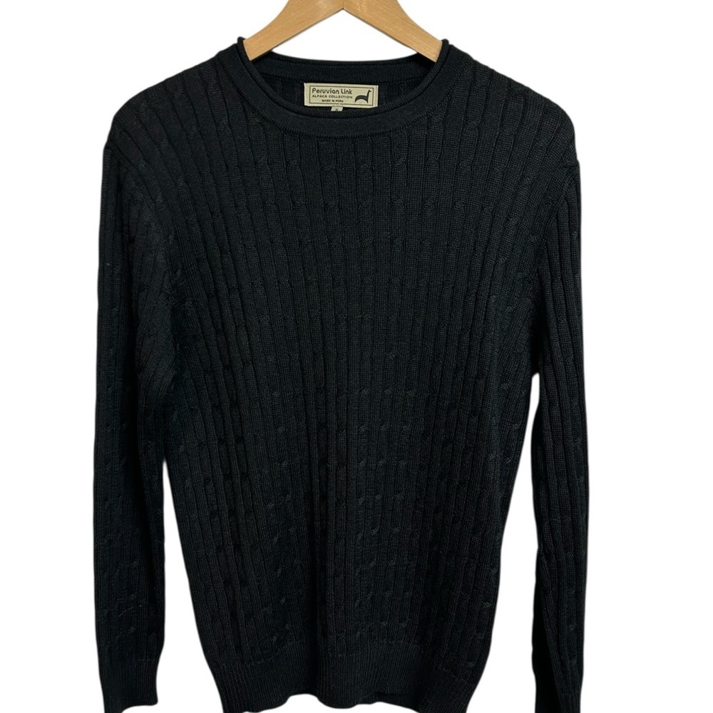 Peruvian Link Black Alpaca Wool Cable Knit Sweater Size S 100% Alpaca